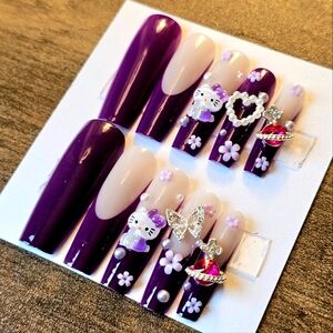 24 pcs Hellk kitty diamond fall halloween coffin purple french press on nails